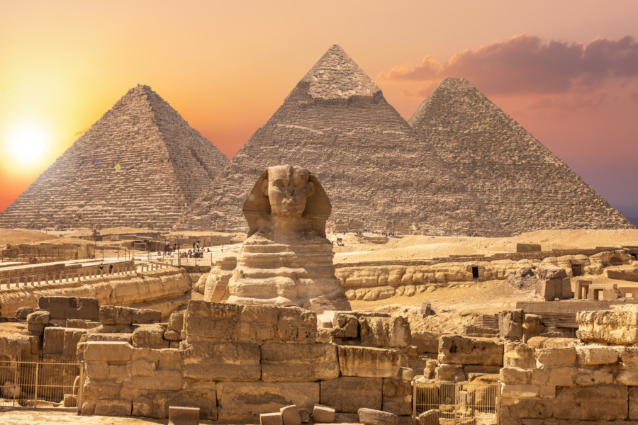 Breathtaking view on Ancient sphinx and pyramids