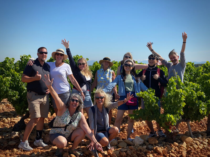 Happy people waving from the vineyard