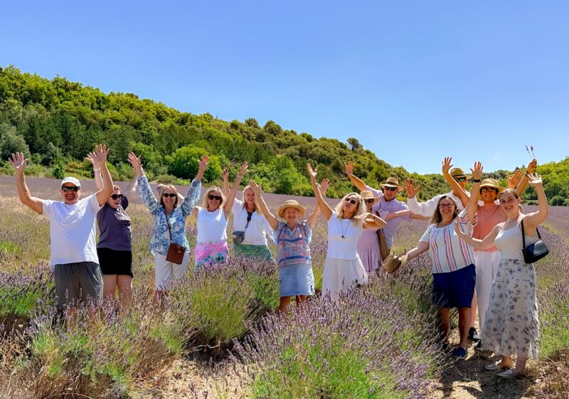 July Provence lavender season tour guests frolicking in the colorful and aromatic fields of lavender.