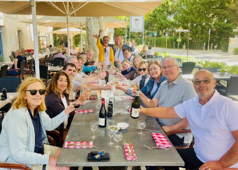 September tour guests at lunch during France Off the Beaten Path Provence tour.