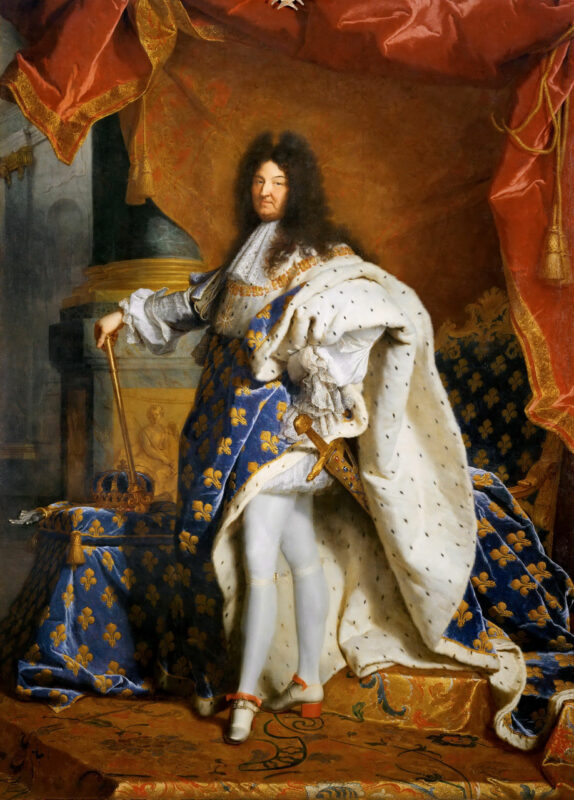 Portrait of Louis XIV in coronation robes by Hyacinthe Rigaud (1702). He is dressed and placed under a canopy made of silk.