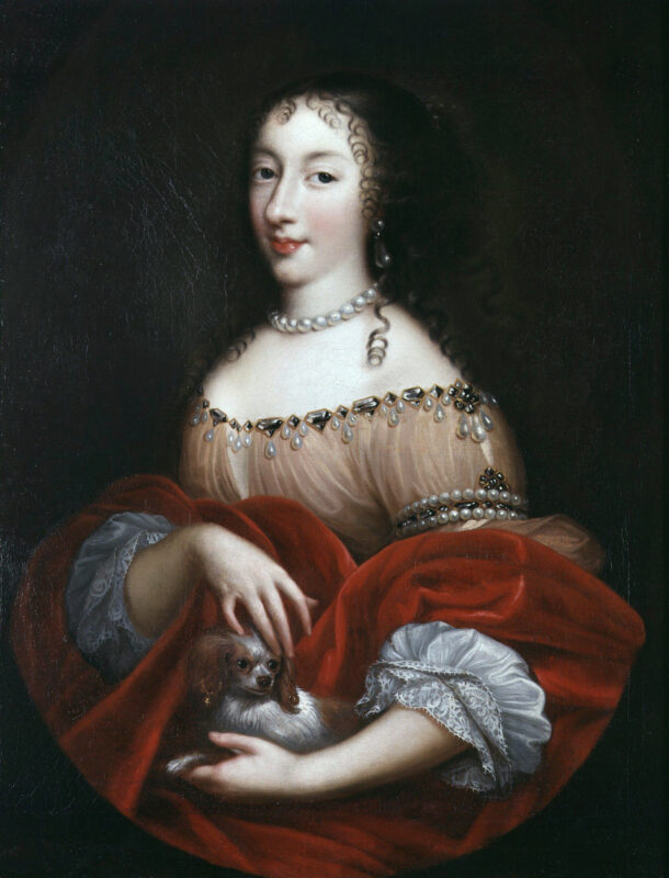 Henrietta of England, Duchess of Orléans, first wife to Philippe I, Duke of Orléans, little brother of Louis XIV, by Pierre Mignard (1665-70). Note the earings on the spaniel.