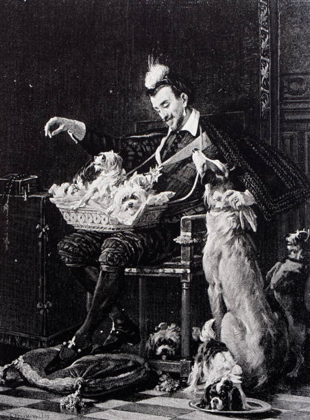 Henri III and his dogs by Hermann-Léon. Note the dog basket full of lapdogs.