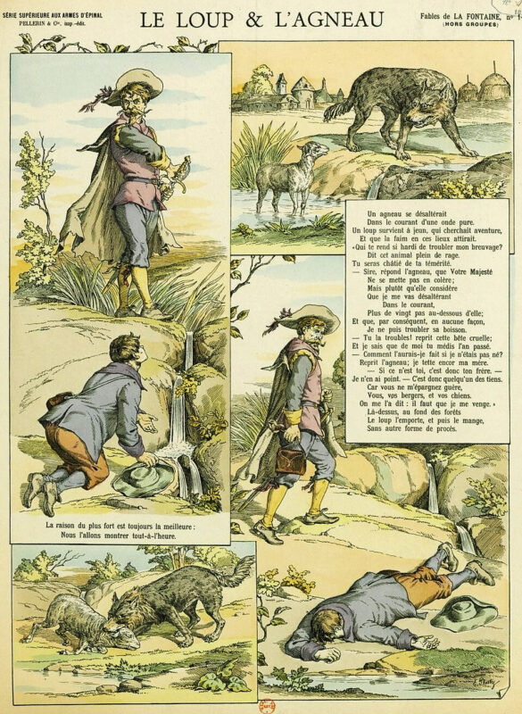 Print by E. Phosty depicting Jean de La Fontaine's fable The Wolf and the Lamb (Epinal, published by Pellerin & Cie, 1895).