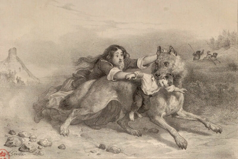 Jeanne Jouve tries to snatch her child from the jaws of the Beast (Gévaudan). Engraving by François Grenier de Saint-Martin (1765)