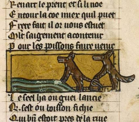 Renart (right) fixing the bucket to Ysengrin’s (left) tail, Roman de Renart.